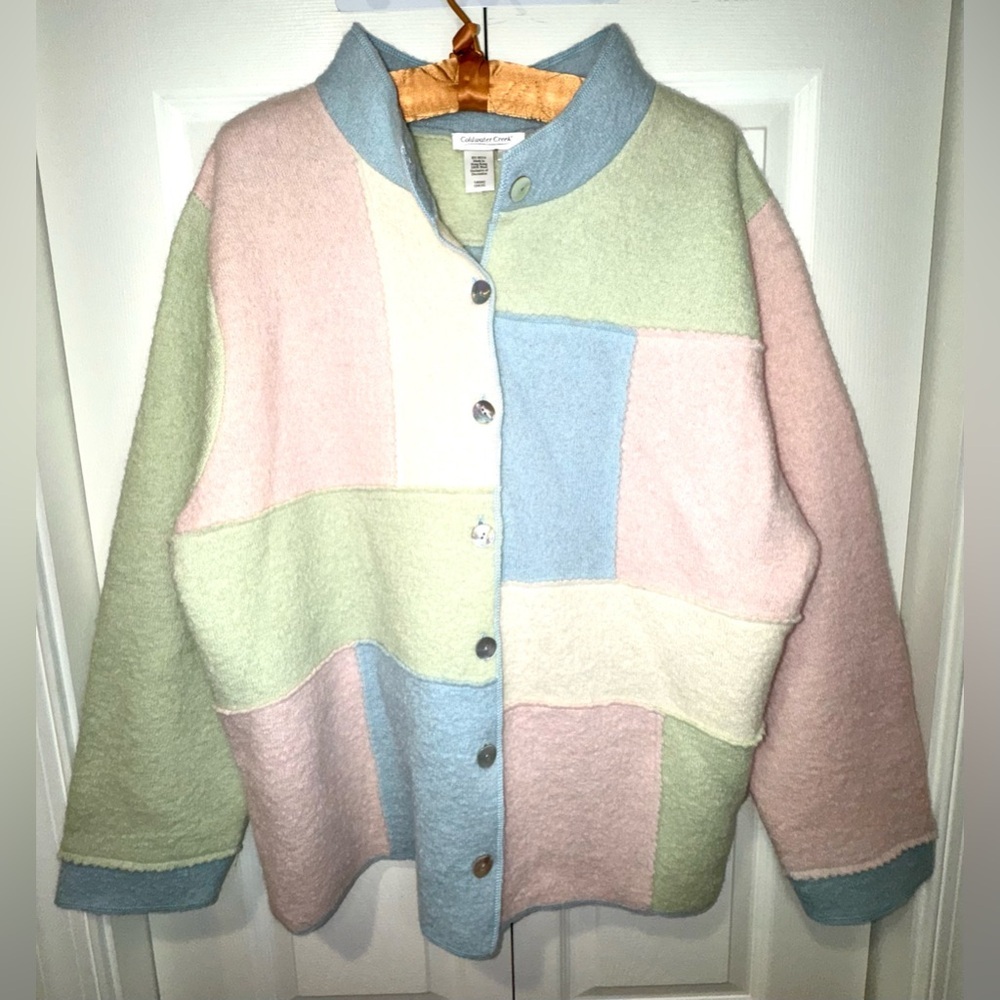 Vintage Coldwater Creek Pastel Patchwork Wool Cardigan – Color-Block | XL